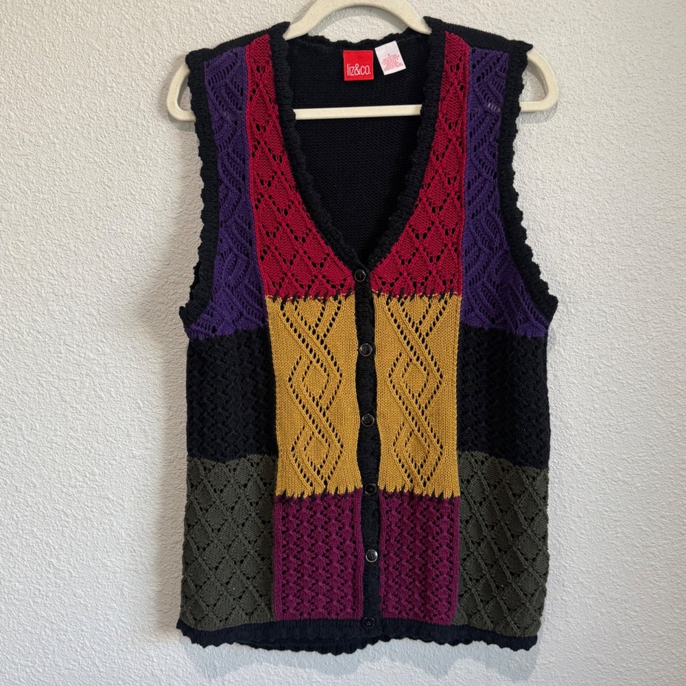 Liz & Co Vintage Colorblock Patchwork Knit‎ Sweater Vest Womens Gorpcore Boho